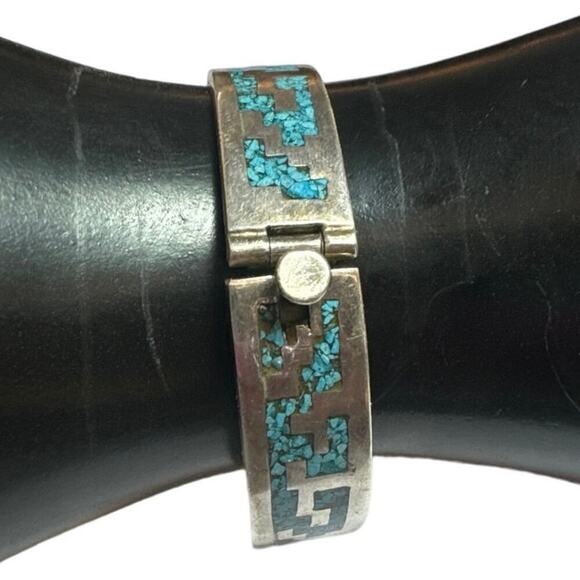 Vintage 925 TC Mexico Sterling Silver Turquoise Inlay Bangle Bracelet - 67 Grams - Picture 4 of 11
